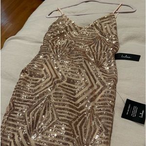Lulu’s Make Your Entrance Rose Gold Sequin Tie-Back Mini Dress - NWT